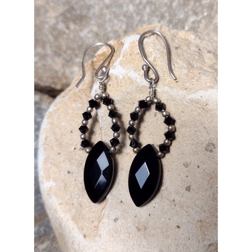 Sterling Silver Black Glass Beaded Dangle Earrings